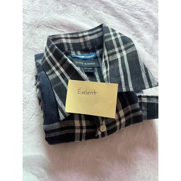 Scott Barber Mens Plaid Linen KhakisCarmel Button-Down Shirt Large Navy Casual - Picture 8 of 8